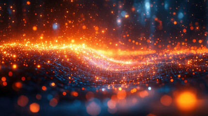 Wall Mural - An abstract depiction of a glowing digital energy field in orange and blue, featuring bright particles and flowing lines of light