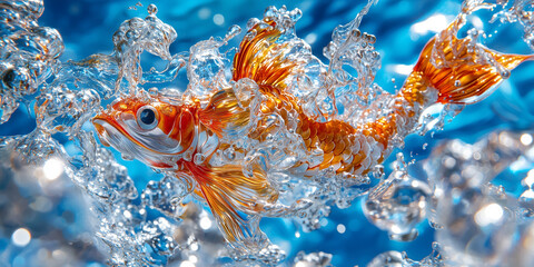 Poster - Vibrant goldfish swimming through bubbles in clear blue ocean, showcasing dynamic movement and lively colors, creating sense of joy and freedom