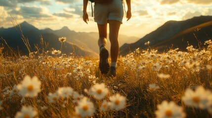 Poster - As sunlight filters through the clouds, an individual strolls leisurely through a vibrant wildflower field, enjoying the serene mountain view.
