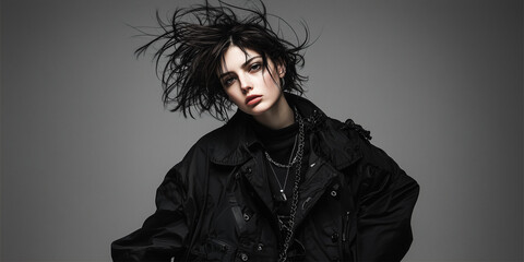 Aufkleber - model with dynamic hair poses in stylish black outfit, exuding confidence and attitude. dramatic lighting enhances edgy look