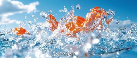 Poster - Fresh oranges splashing in clear water, creating dynamic waves and droplets under bright blue sky. scene captures essence of summer and refreshment