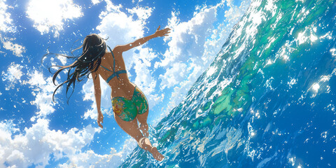 Aufkleber - Mermaid swimming in vibrant ocean, dynamic pose, sunlight reflecting on water, blue sky with clouds, joyful expression, summer vibes, tropical scenery