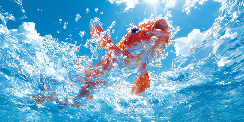 Poster - Vibrant orange fish swimming in clear blue water, splashing droplets under sunlight, creating lively underwater scene filled with energy and movement