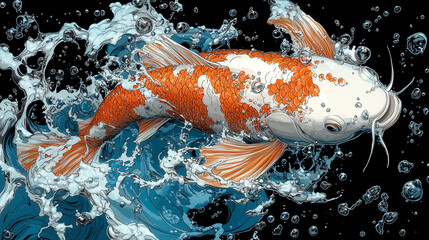 Poster - Koi fish swimming in dynamic pose, surrounded by splashing water and bubbles, showcasing vibrant orange and white colors