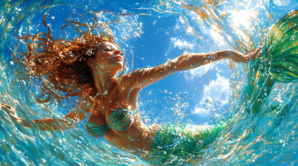 Poster - mermaid gracefully swims underwater, surrounded by sparkling water and sunlight, showcasing dynamic pose and vibrant colors