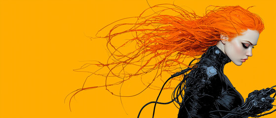 futuristic female character with vibrant orange hair and cybernetic suit, set against bright yellow background, exuding sense of strength and mystery