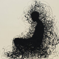 Fototapete - A solitary figure sits quietly amidst a dynamic swirl of abstract lines, symbolizing introspection and the complexity of thought. Generative AI