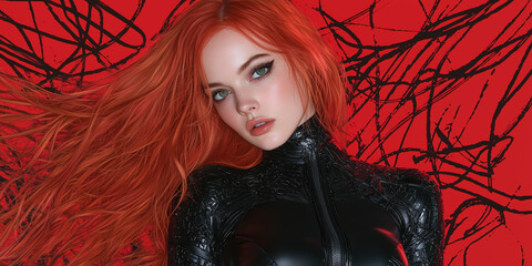 Aufkleber - striking portrait of woman with long red hair, wearing black suit against vibrant red background. dynamic composition highlights her features and texture of her outfit