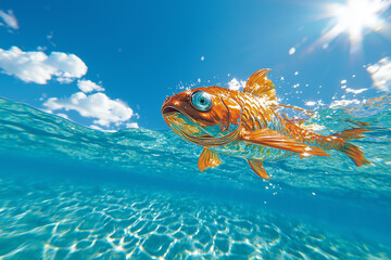 Poster - vibrant goldfish swims gracefully in clear blue water, surrounded by sparkling sunlight and gentle waves. scene captures beauty of underwater life
