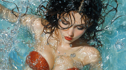 Poster - captivating illustration of mermaid in dynamic pose, submerged in water, surrounded by bubbles and shimmering light. scene evokes sense of enchantment and beauty