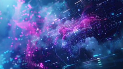 Poster - Complex digital world map visualization displaying interconnected nodes, data streams, and technological advancements in a futuristic style