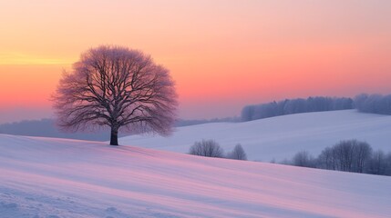 Aufkleber - A solitary tree rises above the pristine snow, its branches glistening as the sun sets in a beautiful array of pink and orange hues, illuminating the winter landscape.