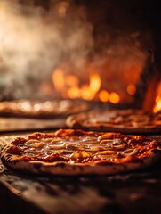 Poster - Several pizzas are baking in a hot oven, surrounded by flames and emitting enticing aromas of melted cheese and fresh ingredients. Generative AI