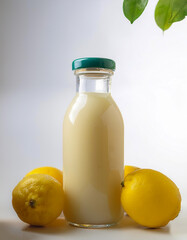 Wall Mural - A bottle of honey with a small spoon, surrounded by a few slices of lemon, isolated white background