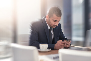 Poster - business man, phone and corporate career for lawyer brief, texting and legal work in boardroom. webs