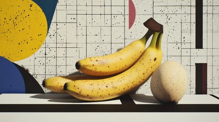 Poster - Ripe bananas are placed alongside a textured fruit on a lively background featuring bold geometric shapes and colors. Generative AI