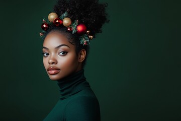 Beautiful Black Woman in a Dark Green Turtleneck with Christmas Decorations in Hair, Stylish Model, Dark Green Background, Portrait of a Woman in Festive Attire Generative AI