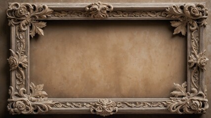 Ornate antique picture frame with floral carvings on beige background