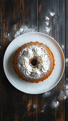 Wall Mural - Round cake with cream decoration on a white plate, resting on a dark wooden table sprinkled with powdered sugar