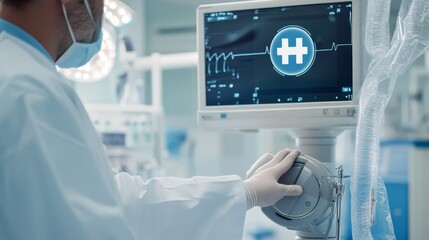 Poster - healthcare professional monitoring patient data on advanced medical equipment in modern hospital set