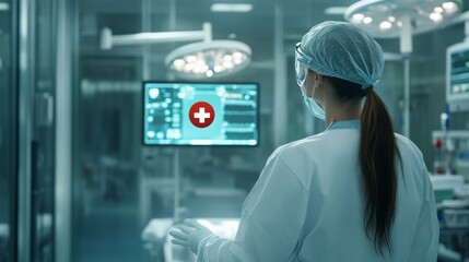 Poster - healthcare professional monitoring patient data in modern medical facility with advanced technology 
