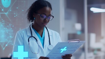 Poster - innovative healthcare professional analyzing patient data in a modern medical setting