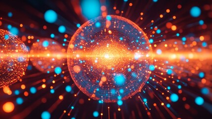 Poster - Abstract Sphere Background, Orange And Blue Particles, Network Connections, Technology Concept