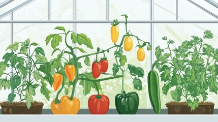 Poster - Greenhouse showcases an array of thriving tomatoes, cucumbers, and peppers, all nurtured in colorful pots with ample sunlight. Generative AI