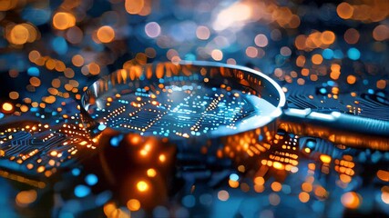 Poster - Close-up of a magnifying glass on a printed circuit board