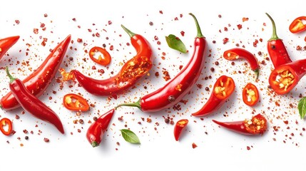 Poster - Fiery explosions and twisting cyclones of spicy chilies on a white background.