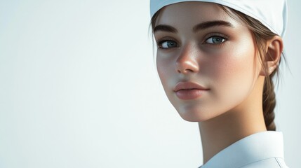 Portrait of a young woman in chef uniform on light background - culinary professional mockup