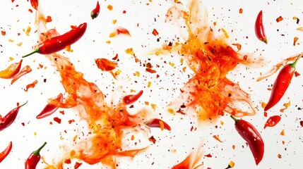 Poster - Red chili peppers and flakes in a fiery explosion on a white background.