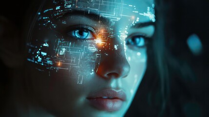 Poster - Close-up of a woman's face with futuristic digital overlay, focusing on her blue eye and glowing circuitry.