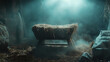 © Daria94 - An empty manger filled with straw in a dark, misty stable, symbolizing anticipation and the Nativity scene before the arrival of baby Jesus.