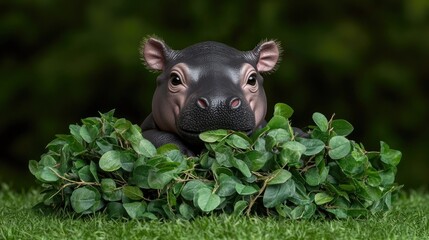 A young hippopotamus enjoys a meal of leaves while sitting on lush grass. The darkened background blurs, highlighting the animal's charming features and lifelike texture