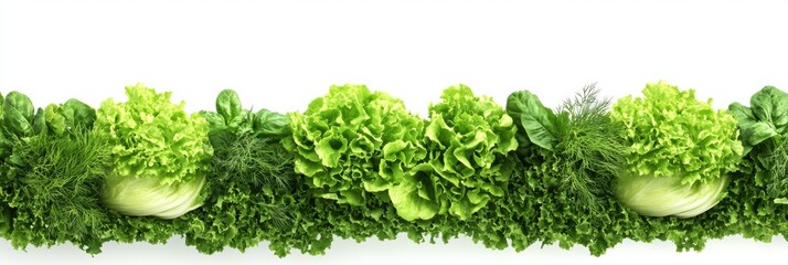 Poster - A vibrant collection of fresh lettuce varieties, fragrant dill, and aromatic basil displays on a clean white surface for culinary use. Generative AI