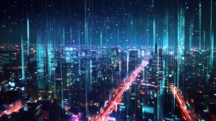 Poster - Futuristic Cityscape with Digital Rain