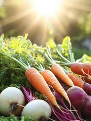 Aufkleber - Vibrant carrots, beets, and onions bask in warm rays of sunlight, celebrating the beauty of the autumn harvest. Generative AI