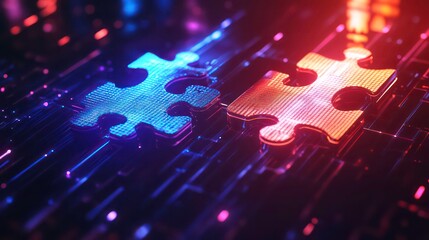 Poster - Two glowing puzzle pieces fit together on a digital circuit board, representing connection, collaboration, and problem-solving.