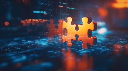 Poster - Two golden puzzle pieces connect on a digital background, representing unity, teamwork, and solutions.