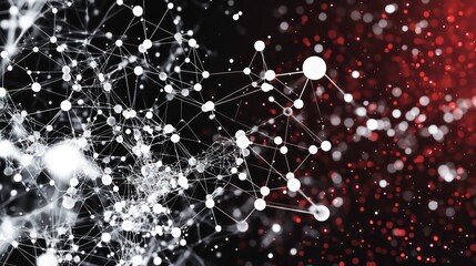 Fototapete - Abstract network with white glowing nodes and lines on a black background with red bokeh.