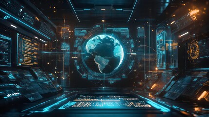 Aufkleber - Digital hud with icons, global connection, and Earth sphere