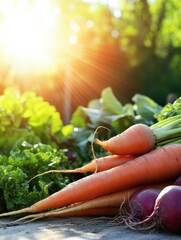 Poster - Freshly harvested carrots, beets, and onions glow in the warm sunlight, surrounded by rich green foliage in the garden. Generative AI