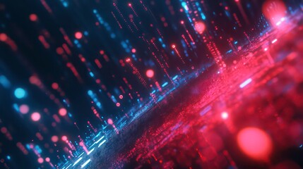 Aufkleber - Abstract digital background with red and blue glowing lines and dots on a black background.