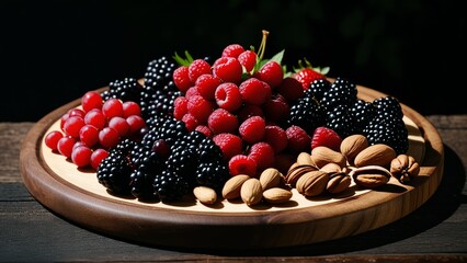 Assorted berries and almonds on wooden plate with dark background