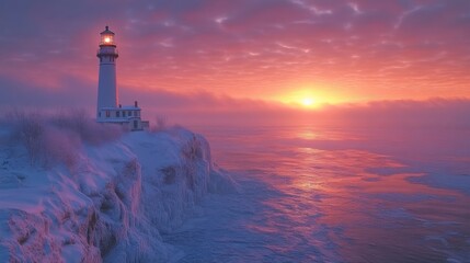 Poster - The lighthouse stands tall against a winter sunrise, casting a warm glow over the icy coastline and the tranquil, frozen waters of the ocean.