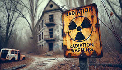 An abandoned nuclear power plant featuring a danger radiation si