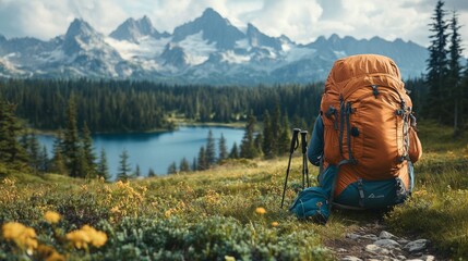 Aufkleber - A tired hiker sits on the ground, gazing out at a tranquil lake. Majestic mountains rise in the background while lush greenery and wildflowers add color to the scene.