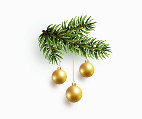 Wall Mural - Christmas tree balls and green fir branch isolated on white background. Vector pine evergreen plant element with gold xmas ornaments