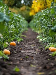 Poster - Straight rows of vegetables thrive in a well-maintained garden, with pumpkins nestled along the soil amidst lush greenery. Generative AI